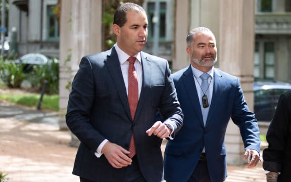 Advance NZ co-leaders Jami-Lee Ross and Billy Te Kahika outside the High Court.