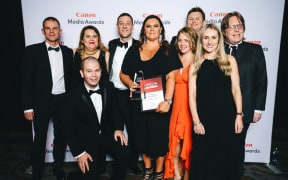 Miriyana Alexander with the newspaper of the year award flanked by other New Zealand Herald journalists at the Canon Media Awards.