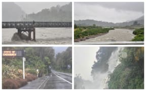 From top left: Spectator on the Waiho bailey bridge on SH6, near Franz Josef, the Tatare River near Franz Josef as seen from SH6, Roaring Billy Falls in Haast Valley and  state of emergency sign in Fox Glacier.