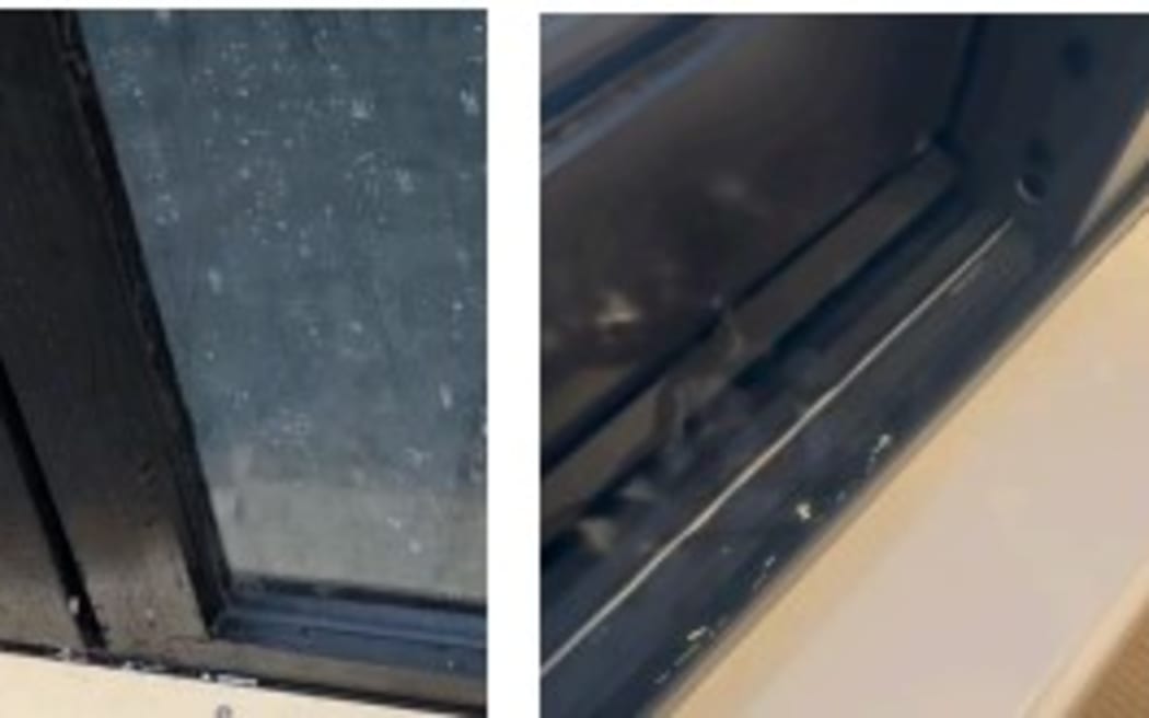 Images of failed window framing products. Left:  a door in a test booth; right: a window in a home.