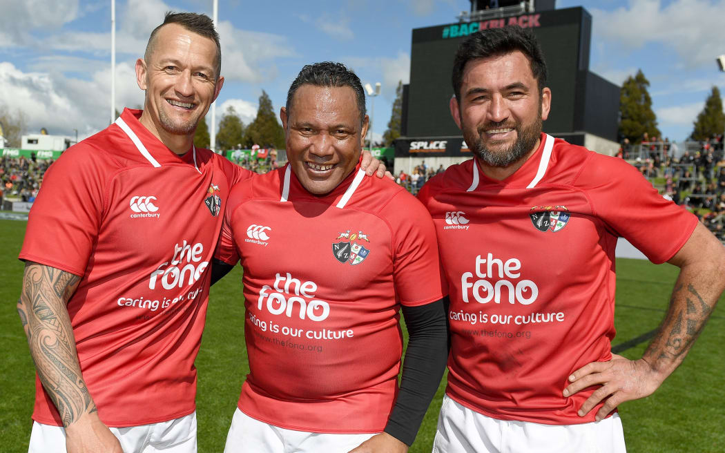 Carlos Spencer, Ofisa Tonu'u.
NZ Barbarians Legends v Pacific Legends, FMG Stadium Waikato, Hamilton. 2019.