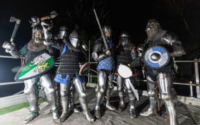 Knights of Auckland's Dreadnoughts Medieval Combat prepare for buhurt battle.