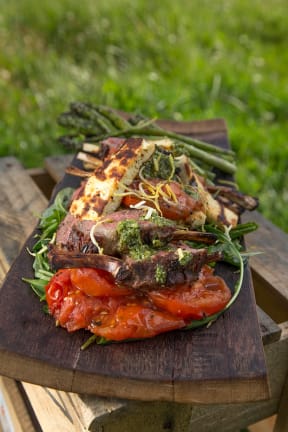 Rack of Lamb with Grilled Haloumi & Asparagus by  Angelo Georgalli.