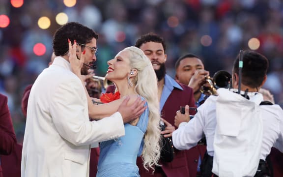 Bad Bunny and Lady Gaga perform onstage during the Apple Music Super Bowl LX Halftime Show at Levi's Stadium on February 08, 2026 in Santa Clara, California.