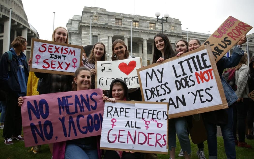 Protesters at the rally against rape culture at Parliament in Wellington.