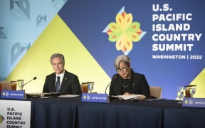 East-West Center President Suzanne Puanani Vares-Lum (L) speaks alongside US Secretary of State Antony Blinken during the US-Pacific Island Country Summit at the State Department in Washington, DC, September 28, 2022. (Photo by Kevin Wolf / POOL / AFP)