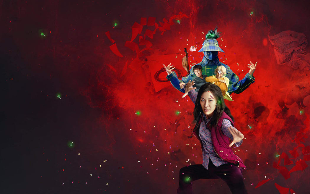 Everything Everywhere All at Once 2022 with lead actress Michelle Yeoh in the foreground.