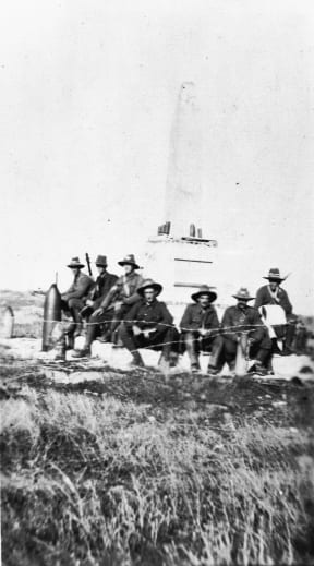 Unidentified group of veterans alongside Lone Pine Memorial, Gallipoli peninsula, Turkey.