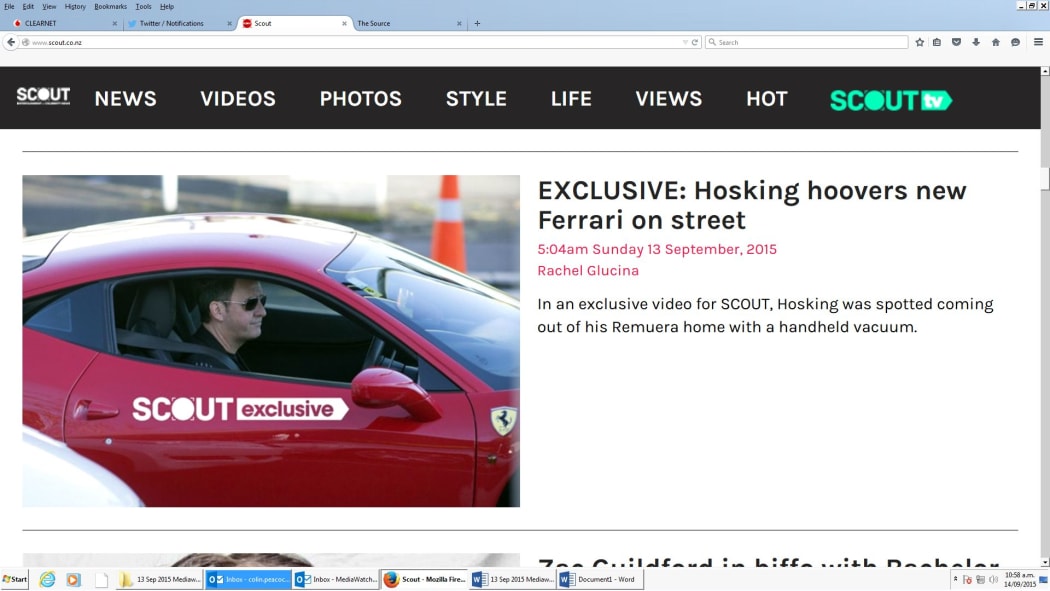 Screenshot of Scout's launch day scoop on Mike Hosking cleaning his car.