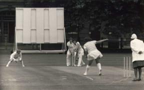 New Zealand play Surrey during the 1973 tour. Bev Brentnall is the wicketkeeper.