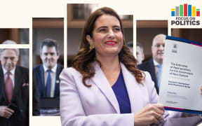 Composite of Nicola Willis with copy of 2025 budget with Winston Peters, Chris Bishop and Christopher Luxon in background
