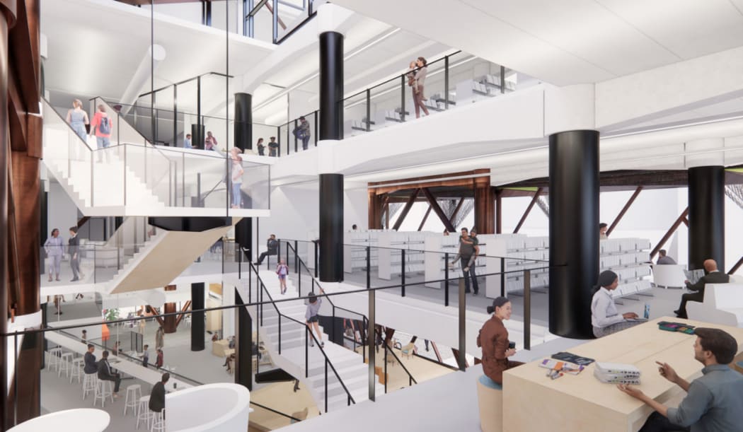 An artist's impression of the northern atrium in the revamped Wellington City Library viewed from level 1.