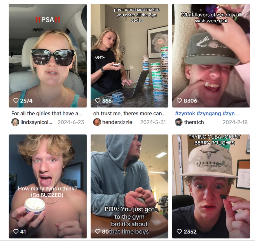 A screen shot of some of the videos of nicotine pouches circulating on social media.