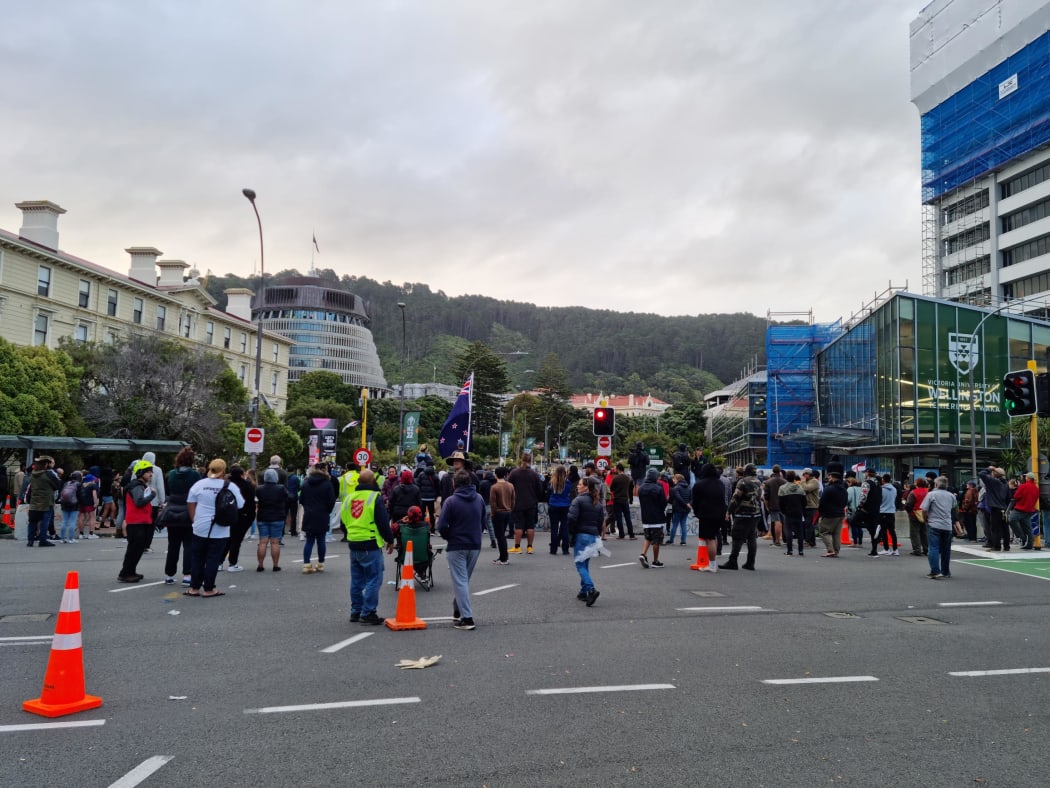 Protesters still standing off with police at the intersection between Bunny and Featherston streets.