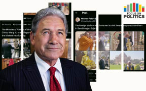 Focus on Politics: Composite of Winston Peters smiling with collaged images of his twitter feed in background