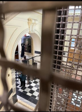 Work underway to relocate the painting of Winston Churchill at Parliament.