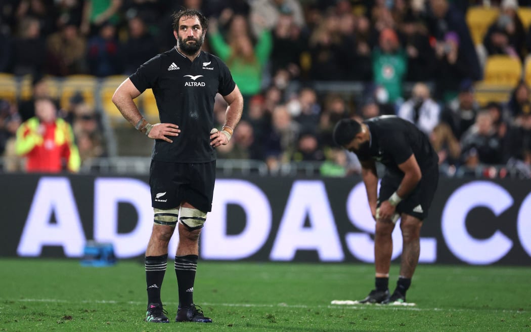 New Zealand's Samuel Whitelock reacts after their loss during the third rugby Test match between New Zealand and Ireland at Sky Stadium in Wellington on July 16, 2022.