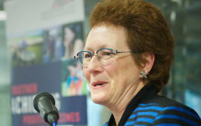 A photo of Dr Mary Quin, chief executive of the Callaghan Institute, speaking at the Department of Internal Affairs' Women at the Leading Edge event