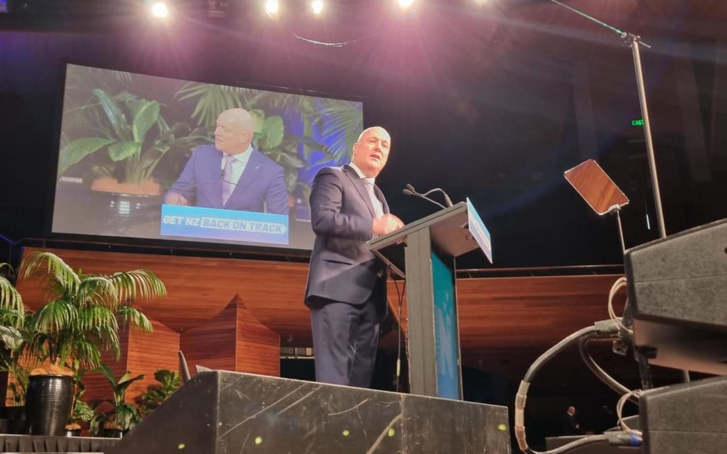 Christopher Luxon speaks at the National Party conference, at the Michael Fowler Centre in Wellington, on Saturday 24 June 2023.