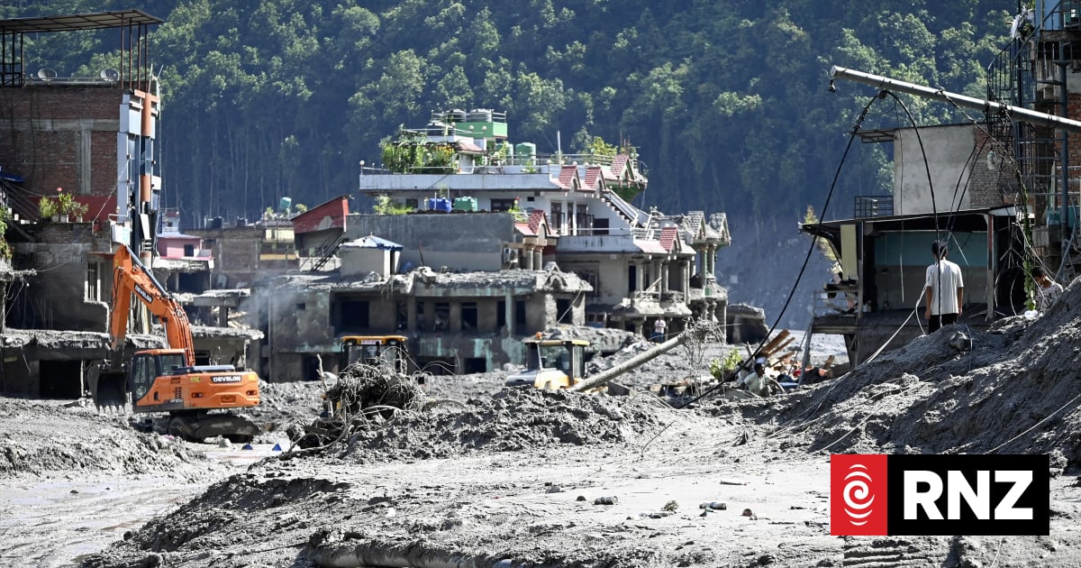 A disaster site hit by a massive debris flow along a tributary of the Bhotekoshi River is seen in Bidur, Nepal, on August