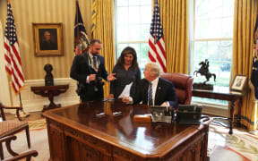 Graeme Jennings, Washington Examiner reporter Salena Zito and President Donald Trump