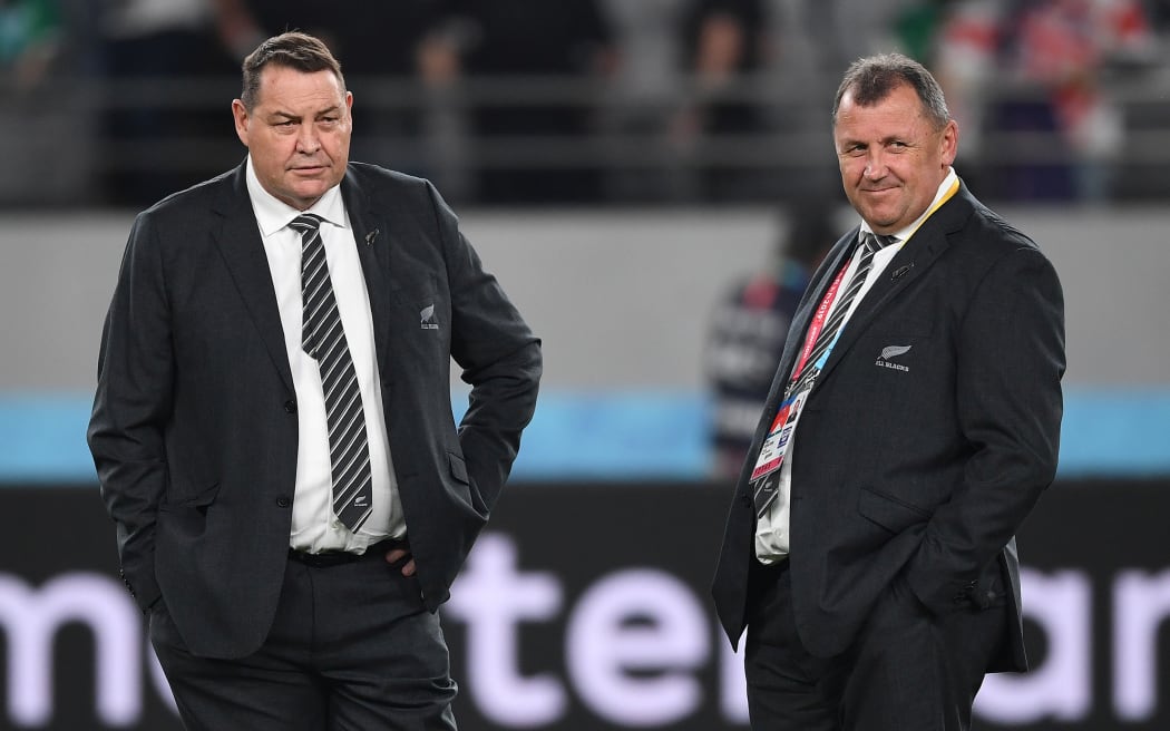 Ian Foster (right) and Steve Hansen at the RWC quarterfinal in Tokyo in October.