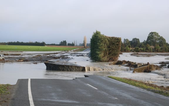 Thompsons Track in Mid Canterbury was washed out by floods after days of heavy rainfall.