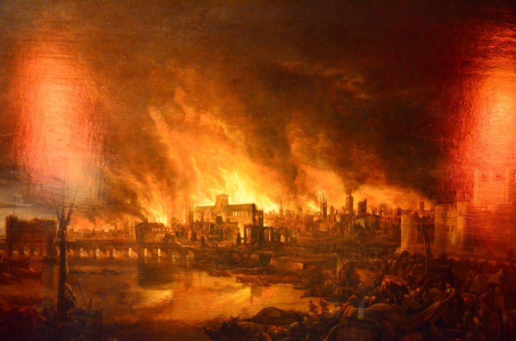 Oil on panel Dutch School painting depicting the Great Fire Of London. The painting shows the blaze on the Tuesday night - two days after it began