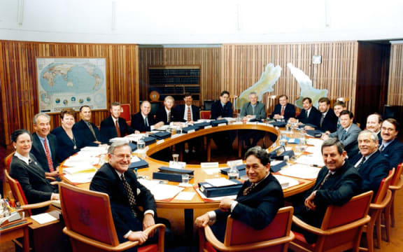 Jim Bolger and Winston Peters at the head of the newly-minted first MMP coalition government