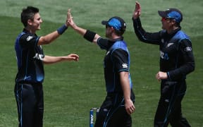 Trent Boult celebrates his wicket of Shoaib Malik, 31/1/16.