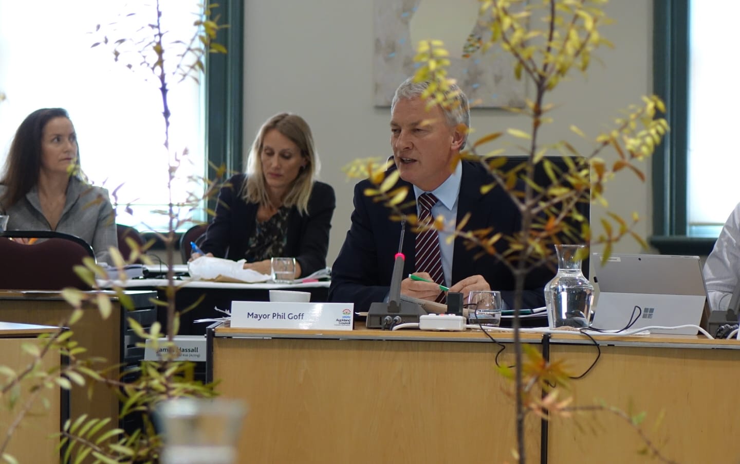 Auckland Mayor Phil Goff speaks at the meeting. Council voted for a half-way option, a partial closure of the Waitakere Ranges.