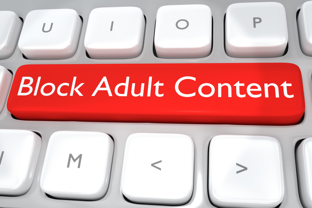 Render illustration of computer keyboard with
the print Block Adult Content on a red button