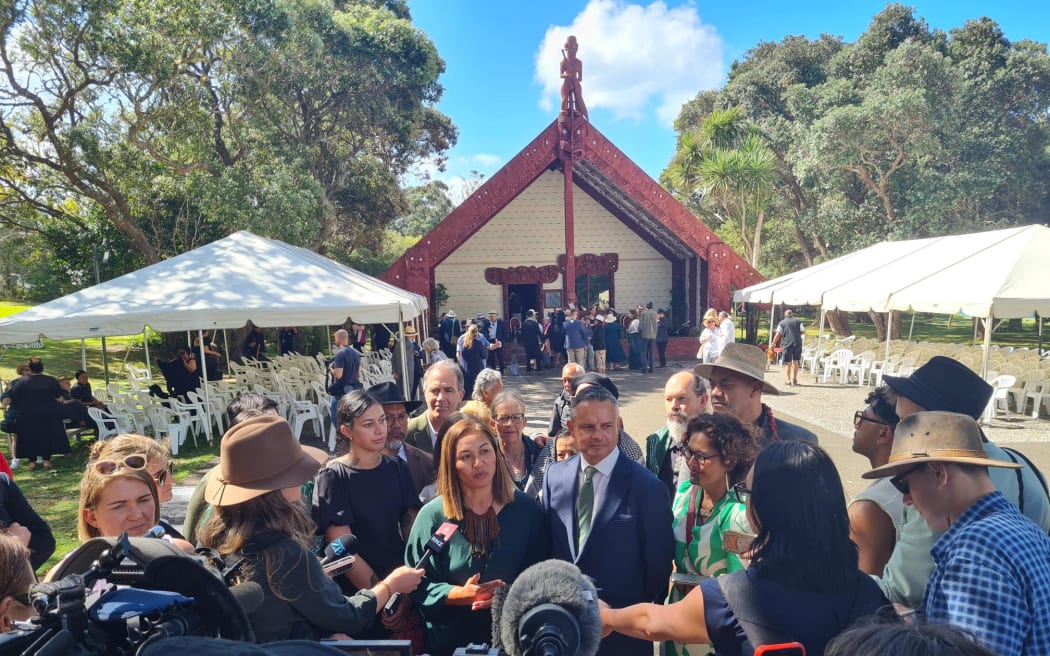 The Green Party co-leaders Marama Davidson and James Shaw speak to the media after the opposition parties pōwhiri at Waitangi Day Commemorations on 3 February.