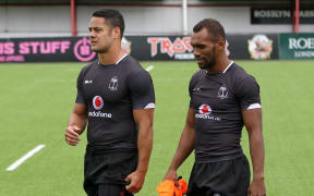 Fiji's Jarryd Hayne with captain Osea Kolinisau at training in London.