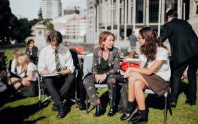 Hutt South MP Ginny Andersen with HVHS head students, Charlotte Leach and Patrick Maslen.