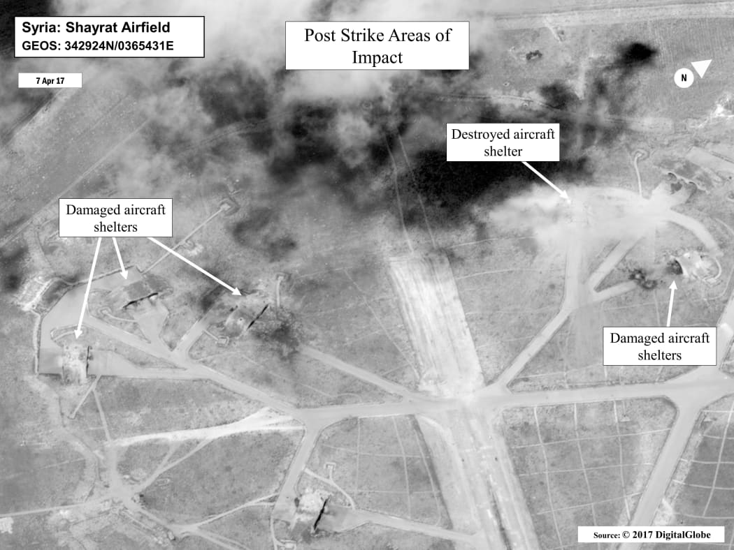 This satellite photo courtesy of the Department of Defense shows a battle damage assessment image of Shayrat Airfield.