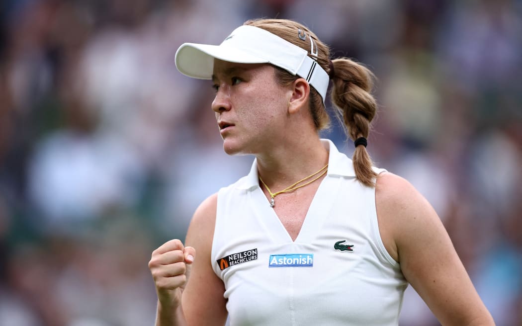 New Zealand's Lulu Sun during her singles fourth round match against Britain's Emma Raducanu at the 2024 Wimbledon Championships on 7 July 2024.
