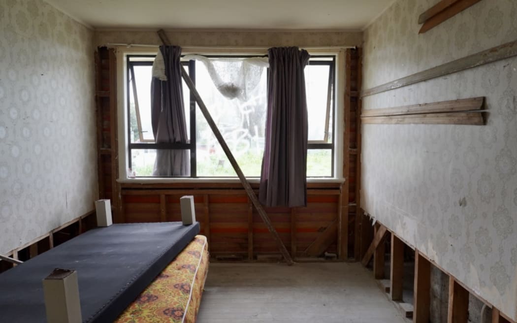 The bedroom of the Ruataniwha Road house which had flood water almost a metre up the walls.