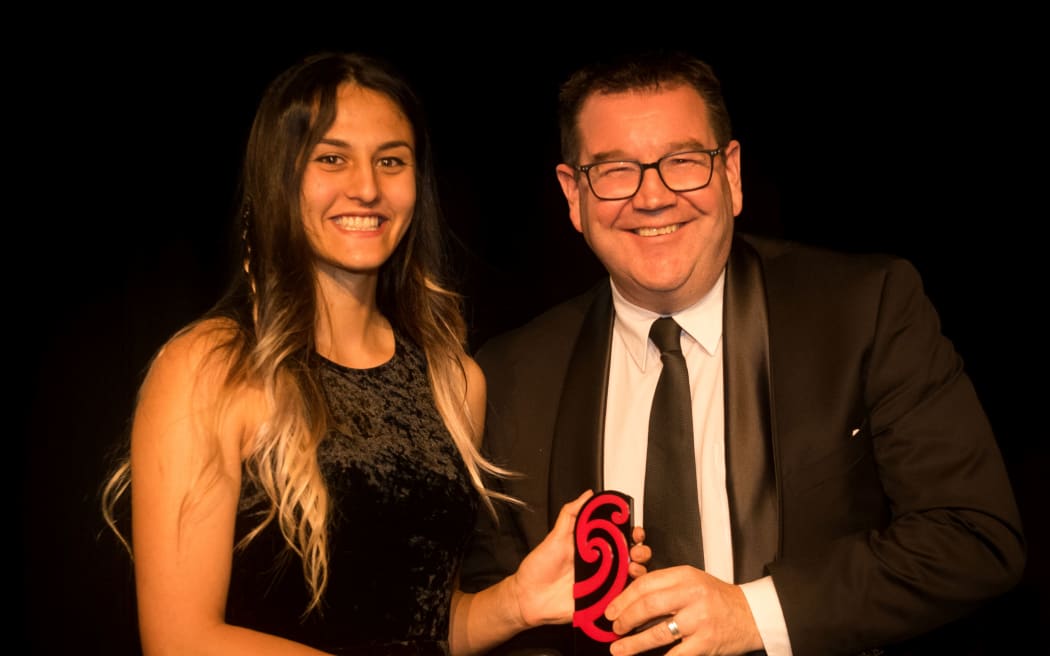 Associate Minister for Arts Culture and Heritage Grant Robertson and Ngā Manu Pīrere  award winner Nerys Ngaruhe.