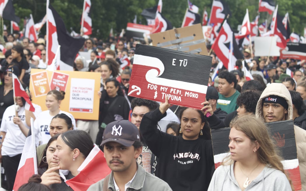 Wahine in Hamilton holds sign that reads 'E tū, for my pēpi, moko & tūpuna.'