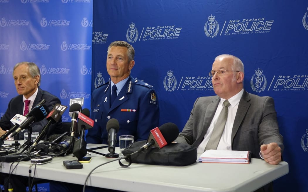 (L-R) Martyn Dunne (MPI), Police Commissioner Mike Bush, Detective Superintendent Andy Lovelock.