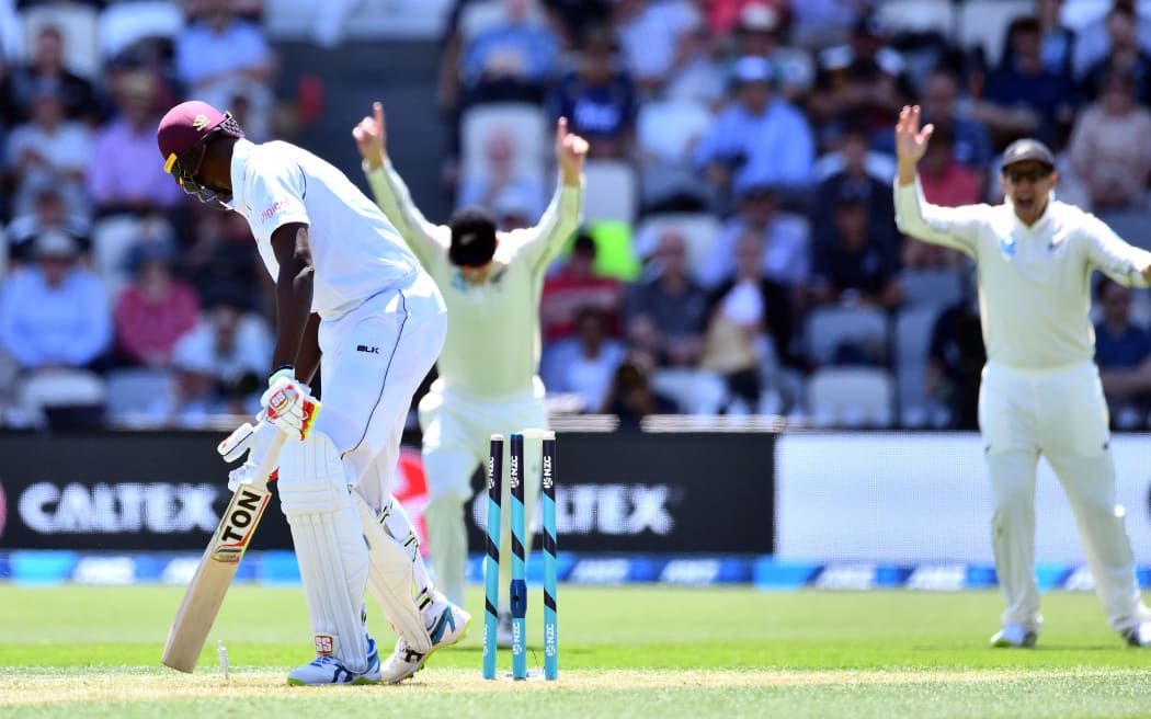 West Indies captain Jason Holder out bowled off the bowling of Neil Wagner  First Test Basin Reserve, 2017
