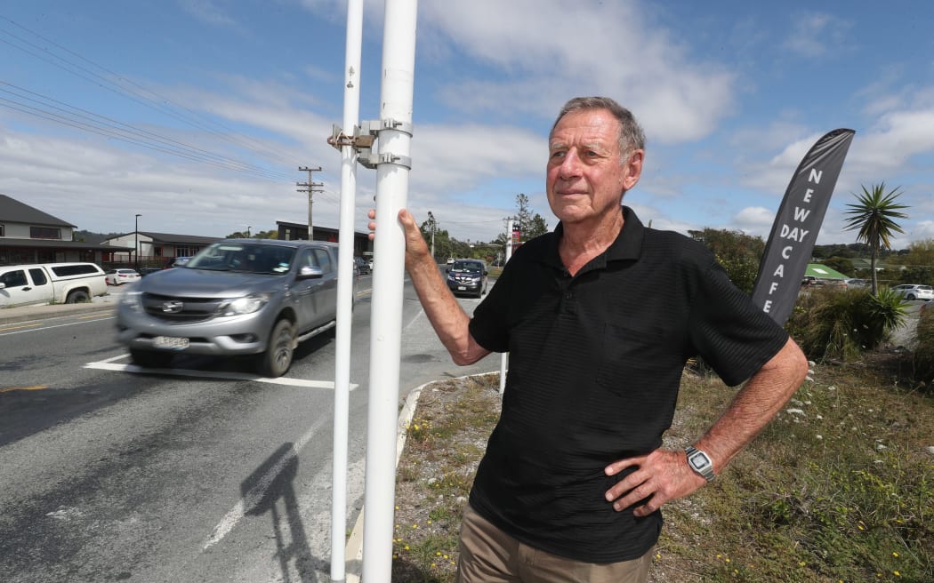 Pārua Bay's Colin Edwards at the western end of the village's contentious two-month-old 30km/h slower speed zone.