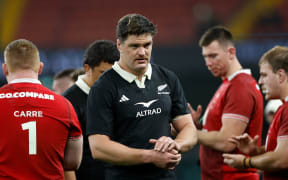 Scott Barrett leads his team off the field after the All Blacks v Wales test.