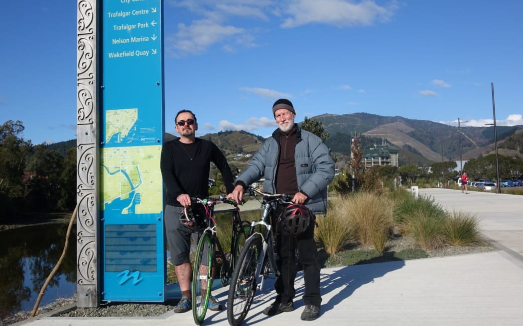 John-Paul Pochin (left) and Chris Allison of Bicycle Nelson Bays welcome news of $3 million in Government funds for a new coastal cycleway link in Nelson.