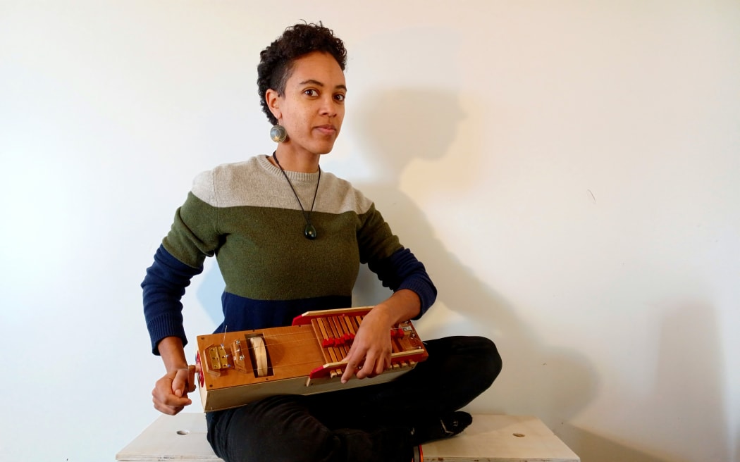 Nancy Howie with her homemade hurdy-gurdy