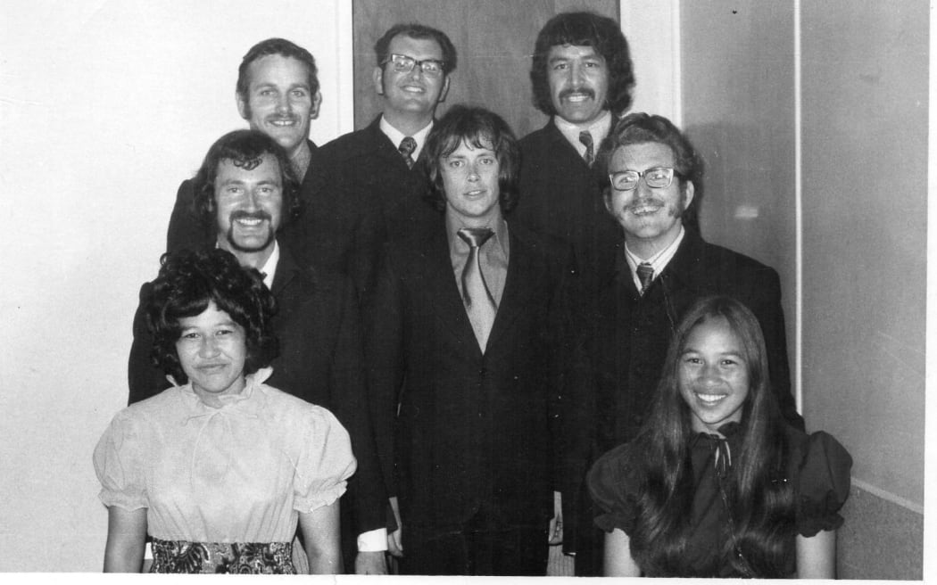 Kount Five Plus Two, clockwise from left (with Ray Columbus - centre): Jenny Whana, Martin Jordan, Peter Webb, Joe Hignett, John Paki Paki, Terry Hignett, Sharon Whana.