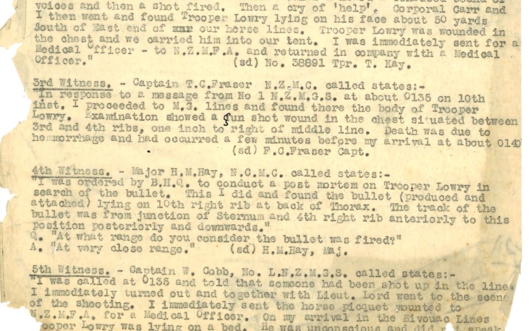 Historical document containing statements of various witnesses to the murder of NZ trooper Leslie Lowry in 1918.