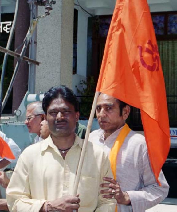 Hindutva supporters outside Praveen Toagia's Jail-release Press Conference, Ajmer Rajasthan.