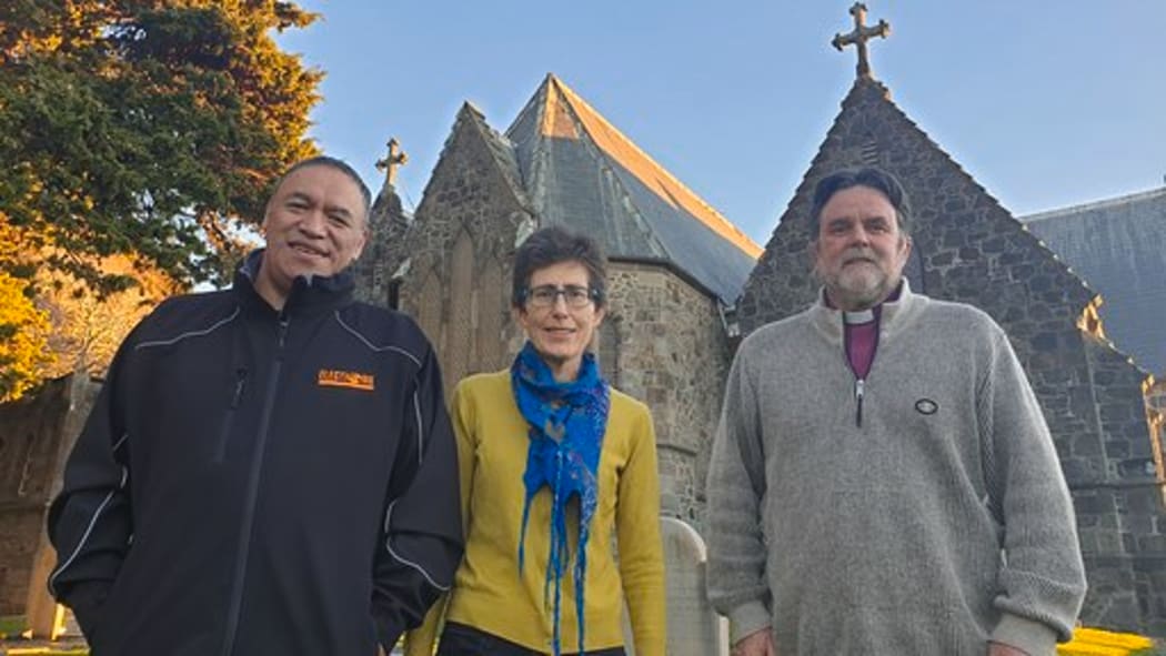 Ngati Te Whiti hapu chairman Trenton Martin, cathedral remediation and design Manager, Jenny Goddard and Archbishop Philip Richardson.